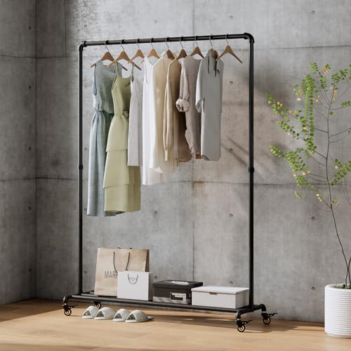 Black Industrial Pipe Clothing Rack with Wheels and Bottom Shelf - Heavy Duty Garment Stand