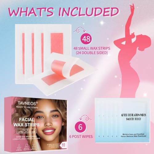 48 PCS Facial Wax Strips for Hair Removal on Face & Body | Gentle Rose Extract Formula for Sensitive Skin | At-Home Waxing Kit for Eyebrows, Upper Lip, Bikini, Brazilian with 6 Calming Oil Wipes