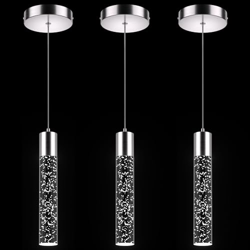 Nickel Cylindrical Pendant Lights Kitchen Island 3 Pack - Modern Crystal Bubble Ceiling Fixtures with Integrated LED