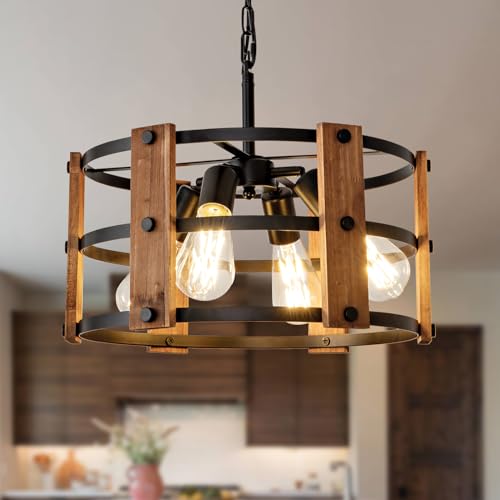 Brown Wood Farmhouse Chandelier - 15-Inch Rustic Wooden Pendant Light Fixture for Dining & Entryway