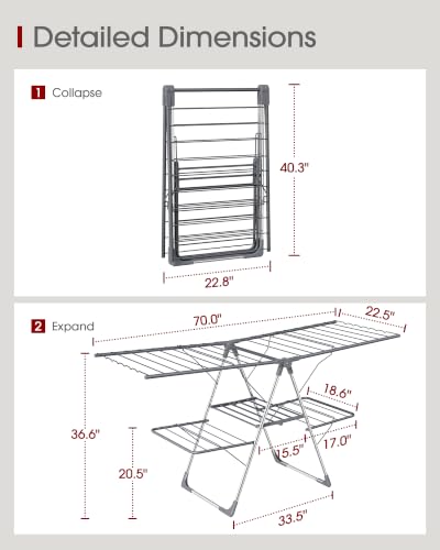 Gray Large Clothes Drying Rack 70-Inch Foldable 2-Level with Adjustable Wings