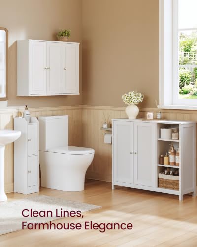VASAGLE Bathroom Floor Cabinet with Adjustable Shelves - Cloud White, 2 Doors + 3 Open Shelves