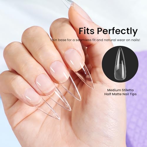 Beetles Gel Nail Tips Stiletto Medium, 288Pcs 12 Sizes Pre-Etched Half Matte Full Cover Soft Acrylic False Nail Tips Pre-Shaped Easy DIY Etch-X Nail Extension Salon Gift for Women