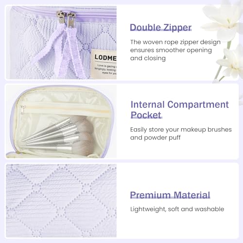 Makeup Bag 3 PCS Cosmetic Bags for Women, Quilted Travel Make up Bag Set Cute Cotton Toiletry Bag Organizer Pouch for Purse, Purple