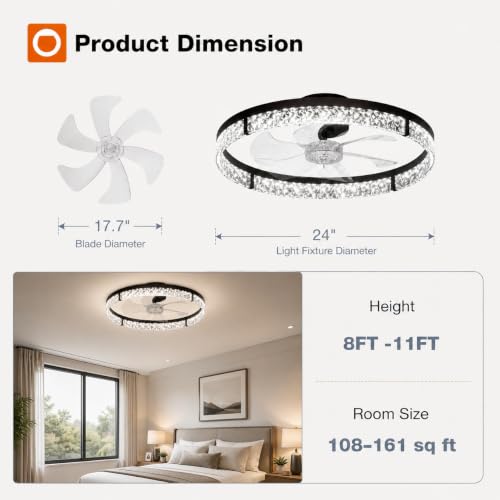 Addlon 24-Inch Low Profile Ceiling Fan with Lights & Remote - Black