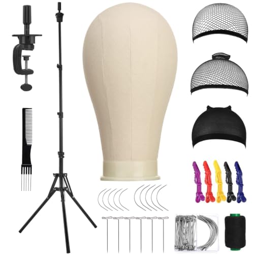 23 Inch Canvas Wig Head Mannequin with Tripod Stand & Accessories for Hair Styling & Display