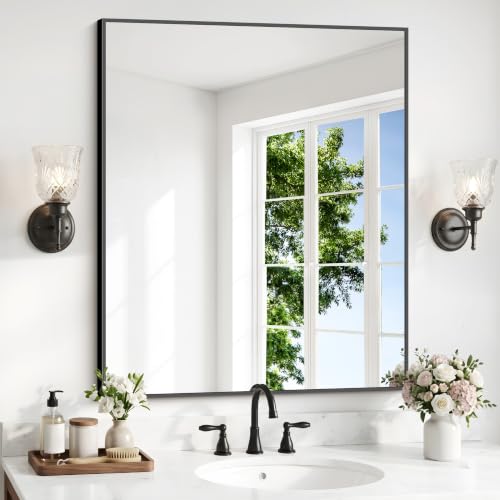 Black Bathroom Mirror 30x36 Inch Rectangle Wall Mirror with Metal Frame - Horizontal or Vertical Hanging