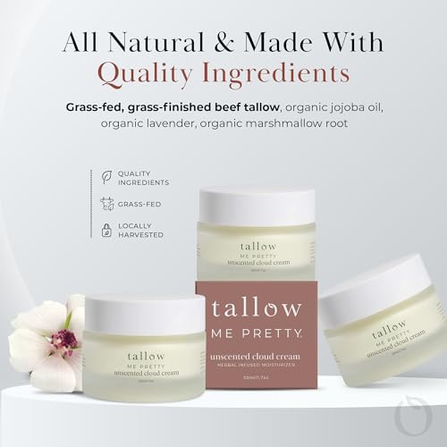 Unscented Cloud Cream, Nourishing Beef Tallow Moisturizer Infused with Lavender and Marshmallow Herbs for Deep Hydration, Soothing Relief, No Essential Oils, Gentle for Sensitive Skin, 1.58 oz