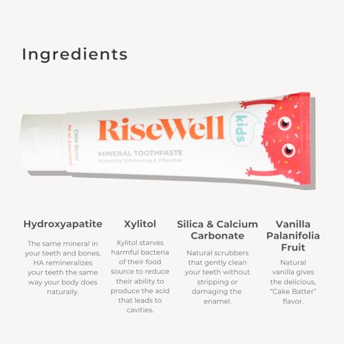 RiseWell Kids Mineral Toothpaste 3.4 Oz Pack of 2 - Hydroxyapatite Fluoride-Free Safe to Swallow Cake Batter Flavor