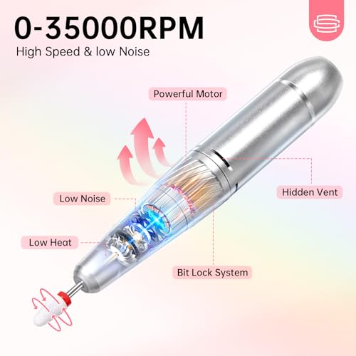 Pink Diamond Nail Drill Portable 35000RPM with 12 Drill Bits - Professional & DIY