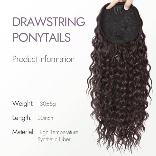 20 Inch Dark Chocolate Brown Fluffy Ponytail Extension with Drawstring - Kinky Curly Wavy Synthetic Hairpiece for Women Variation of THIS listing