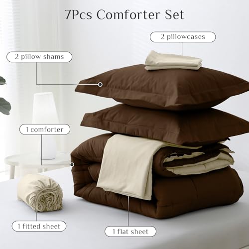 Oversized Queen Comforter Set 7-Piece Bed in a Bag Brown & Beige
