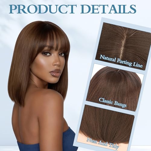 14 Inch Brown Bob Wig with Bangs, Natural Hairline & Glueless Fit