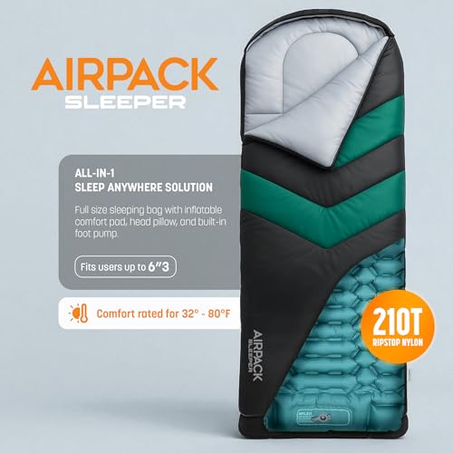 RANGLAND Black Inflatable Sleeping Bag with Built-in Pad & Foot Pump - 80x30
