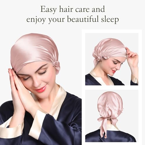 Silk Sleep Cap for Women - Adjustable Mulberry Silk Bonnet Rosy Pink