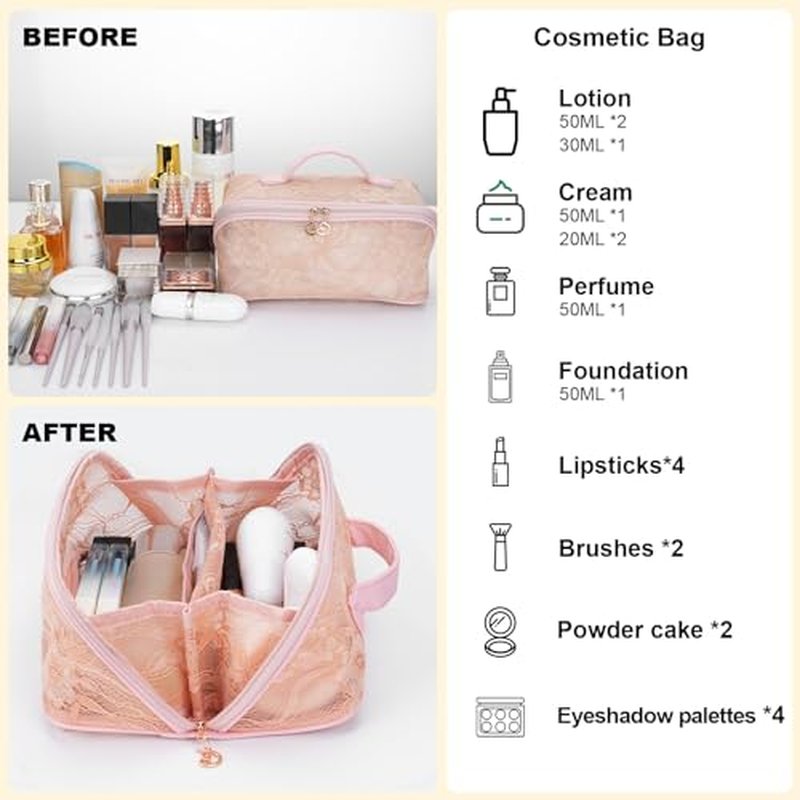 2026 New Makeup Bag for Women Girls,Lace Large Capacity Cosmetic Bag,Open Flat Travel Toiletry Bag,Hollow Out Makeup Organizer Bag With Divider and Handle(Pink)
