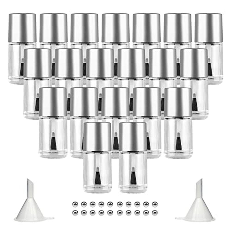 20PCS Empty Nail Polish Bottles with Brush, Empty Refillable DIY Glass Nail Polish Bottles with Funnel & Mixing Balls 15ML, Silver