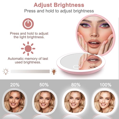 deweisn Compact Mirror,Portable Travel Makeup Mirror with Lights 1X/5X Magnification LED for Purse,Pocket,Handheld,2-Sided Folding Small Mirror Adjustable Brightness,Pink