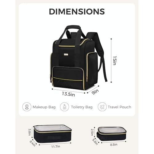 Large Travel Makeup Bag with 2 Removable Case, Dual-Shoulder Multi-Functional Cosmetic Bag,Double Layer Big Capacity, Portable Toiletry and Skincare Storage Pouch Black