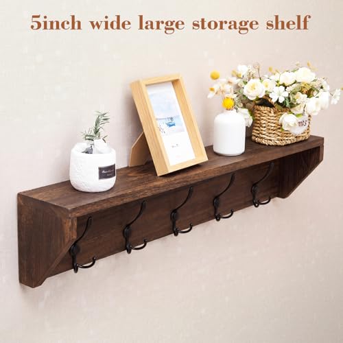 Wall Shelf with Hooks and Organizer - 35 Inch Wooden Coat Rack, Brown, Variation of Wood Color / 35 Inch / 5 Hooks