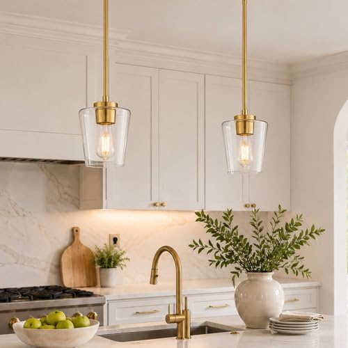 Gold Pendant Lights for Kitchen Island - Clear Glass Shade, 6 Inch - Brushed Gold Finish, 2 Pack