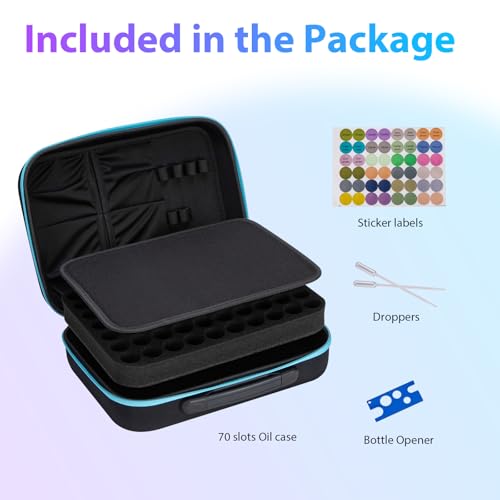 Essential Oils Carrying Case Holds, 70 Grids for 1-3ML Roller Bottles 5ml, 10ml, 15ml Bottles Storage Organizer Bag Hard Shell EVA, Essential Oil Bag with Labels & Bottle Opener & Plastic Droppers