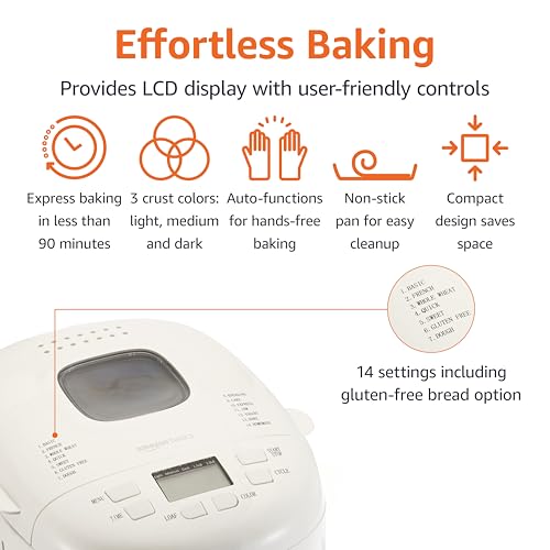 Amazon Basics Programmable Bread Maker - 2 lb White Non-Stick Machine, 14 Settings, ExpressBake