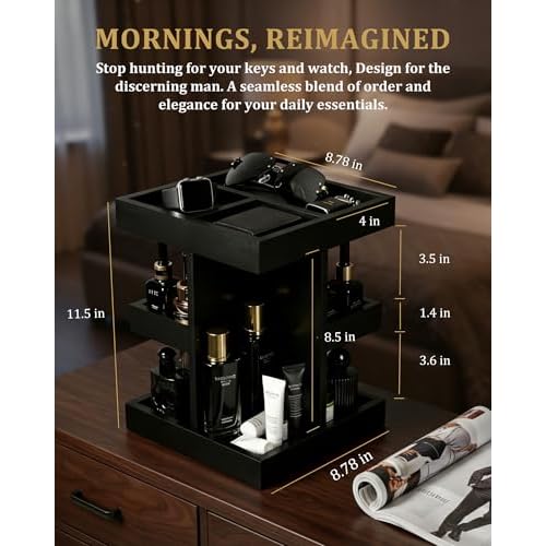 Cologne Organizer for Men - 360¡Æ Rotating Wood Perfume Organizer & Cologne Stand | 9-Compartment Dresser & Bathroom Display for His & Her Skincare | Gift for Husband & Dad (Black)