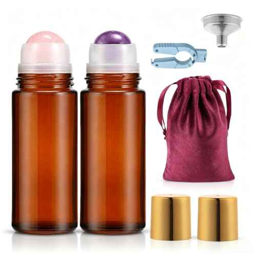 Rose Quartz Roller Bottle 50ml - Refillable Amber Glass Roll-On with Gold Cap (Pink+Purple)