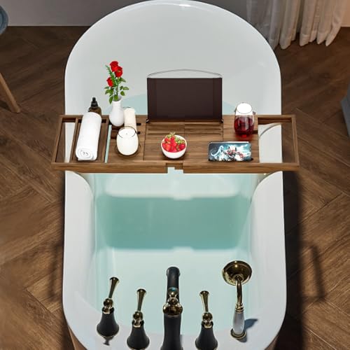 Premium Teak Bathtub Tray Caddy, Wooden Bath Caddy Trays for Bathtub, Bath Tub Wood Tray Table for Tub,Expandable Size, Fits Most Bath Tubs