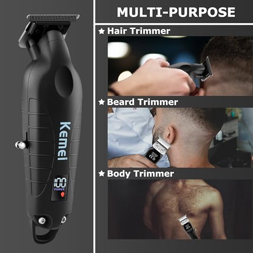 KEMEI 2293 Black Hair & Beard Trimmer with Zero Gapped T-Blade, LED Display, 3 Guards
