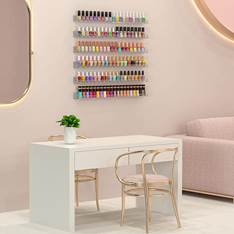 24 Inch Clear Nail Polish Wall Rack with Removable End Caps Set of 6, Acrylic Nail Polish Organizer Wall Mounted,Nail Polish Sorage Shelves for 150 Bottles (24 Inch)
