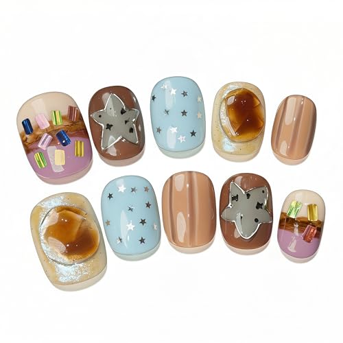 Handmade Press On Nails, 10pcs Short Squoval, Blue Macaron Pastel Mix Print with Star Confetti & Jelly Gem Accent, Reusable Glue On False Nails (Size Small)