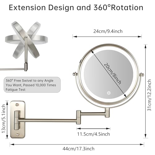 JANEEVA 8" Wall Mounted Lighted Makeup Mirror,Rechargeable Double Sided 1X/10X Magnifying Mirror with 3 Color Lights,Touch Dimmable Bathroom Vanity Mirror with 360¡ÆSwivel Extendable Arm Brushed Nickel