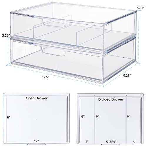 Stackable Plastic Drawer Organizer Set - Clear, 12.5 Inch with Open & Divided Drawers, Multipurpose Office & Home Storage - Variation: Clear Open Divided 2pk