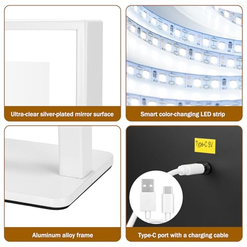 Vanity Mirror with Lights 14.5"x16.5", LED Makeup Mirror, 3 Color Lighting Modes, 10X Magnification, Smart Touch Control, Dimmable, Aluminum Metal Frame, Lighted Up for Vanity Desk (White)