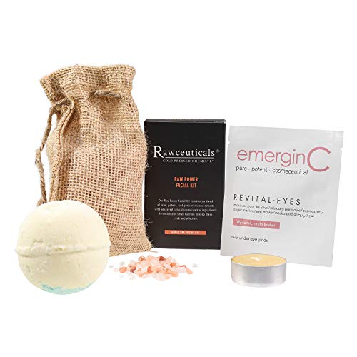emerginC at-Home Luxury Spa Kit, Rawceuticals - 5-Piece Skincare + Self Care Set - Raw Power Facial Kit, Revital-Eyes Mask, Essential Oil Bath Bomb, Himalayan Bath Salts + Beeswax Candle