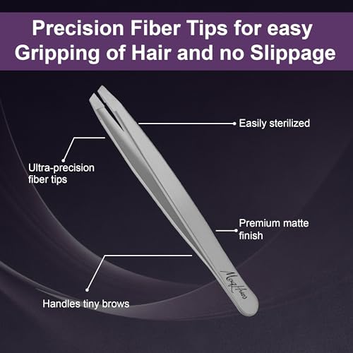 Matte Silver Fiber Tip Tweezers Set for Eyebrow & Facial Hair Removal – Men & Women
