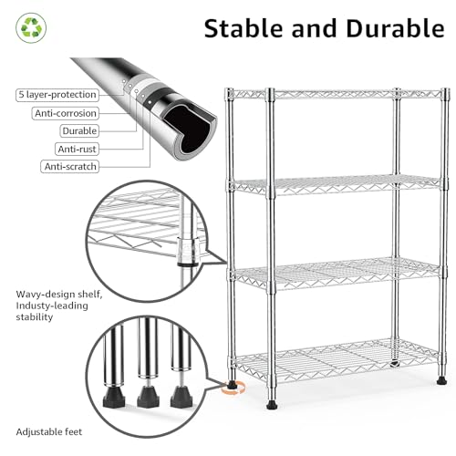 4-Tier Storage Shelving Unit - 1000 lbs Capacity Steel Wire Rack for Home, Kitchen, Office - Chrome, 13.7"D x 23.6"W x 53.4"H