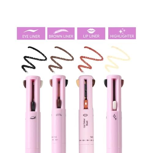 YazzBeauty - 4 in 1 Makeup Touch Up Pen with Brown Mauve Lip Liner, Black Eyeliner, Dark Brown Eyebrow Pencil, and Champagne Gold Highlighter, Compact Beauty Pen, Smudge Proof, Vegan, Cruelty-Free