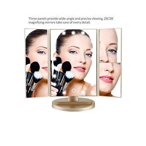 Trifold Makeup Mirror Vanity Mirror with Lights,1X 2X 3X Magnification,Touch Control,Adjustable Rotation,Dual Power Supply,Portable Travel Cosmetic Mirror,Birthday Gifts for Women,Teengirls