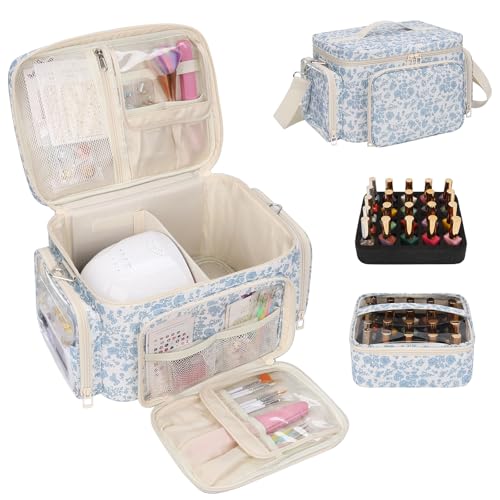 Nail Polish Organizer, Nail Polish Storage Holds 42+ Bottles & Nail Lamp, Portable Travel Nail Kit Storage Carrying Case Fits Nail Suppiles, Gift for Manicurist, Grils - Blue Flower