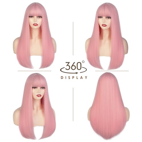 Light Pink Long Straight Wig with Bangs - 22 Inch Synthetic Cosplay & Daily Wear