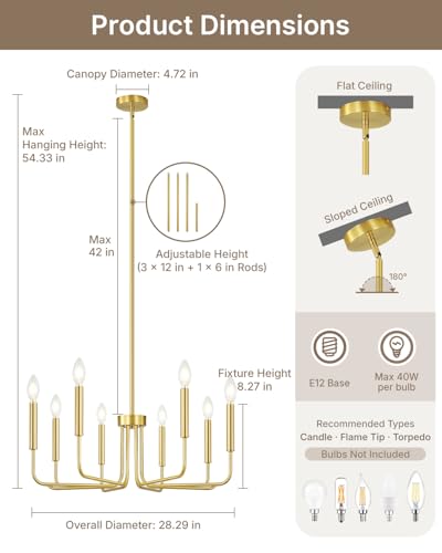 8-Light Gold Chandelier - Brushed Finish Farmhouse Ceiling Light Fixture for Dining Room & Living Room - No Assembly