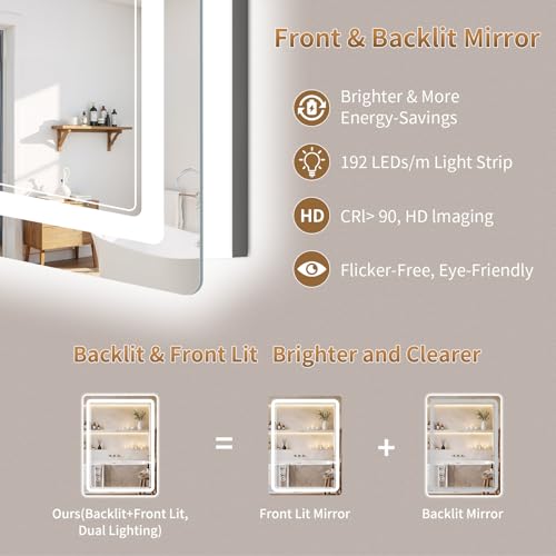 BEAUTYPEAK 32L x 24W LED Bathroom Mirror with Lights, Anti-Fog, Dimmable, Memory