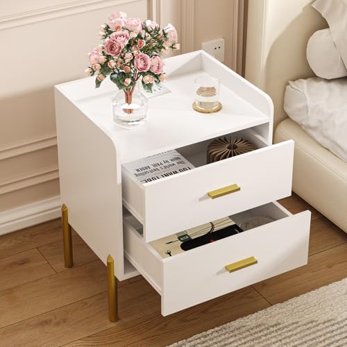 Vabches Nightstand with Built-in Charging Station - White with Gold Handles
