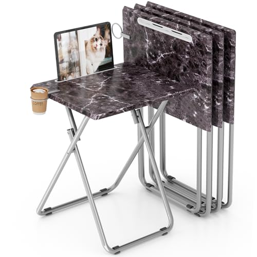 Folding TV Tray Table with Cup Holder - Black Marble 4PCS