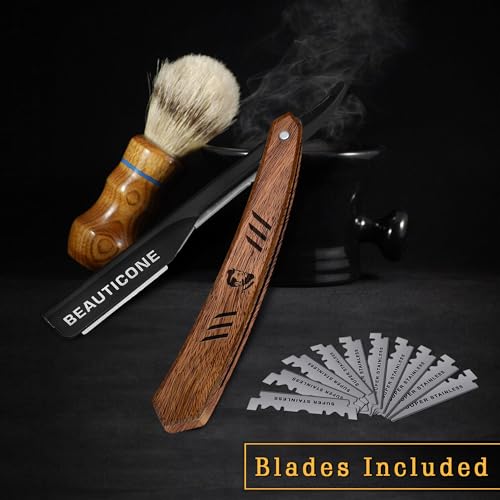 BEAUTICONE Straight Razors for Men, Straight Edge Razor with Single Edge Replacement Blades, Stainless Steel, Barber Razor for Men's Shaving, Barber Shaving Knife, Wooden Handle, Slide-Out