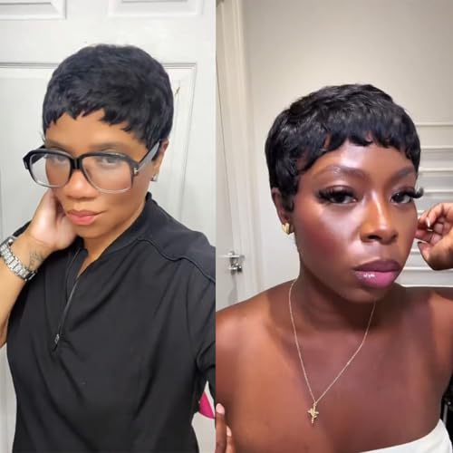 ShowReal Short Wavy Pixie Cut Human Hair Wig - Black, Glueless, Model 9047-1B