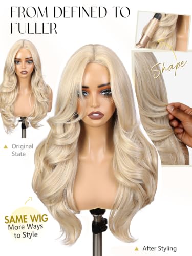 Blonde Layered Wavy Wig with Curtain Bangs - Synthetic Flawless 24 Inch - Mixed Blonde